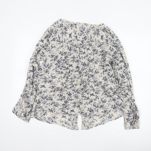 Monsoon Women's Beige Floral Button-Up Blouse Size 18 Long Sleeve Cotton
