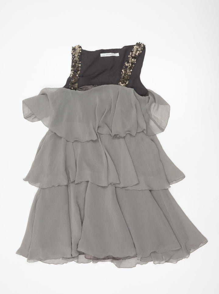 Zara Basic Women's Grey Sequin Layered Chiffon A-Line Dress Size 12