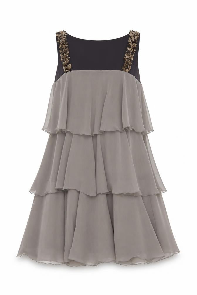 Front view of Zara Basic Women's Grey Sequin Layered Chiffon A-Line Dress, size 12