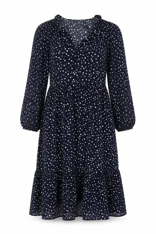 Front view of Crew Clothing Blue Polka Dot Midi Fit & Flare Dress, size 12