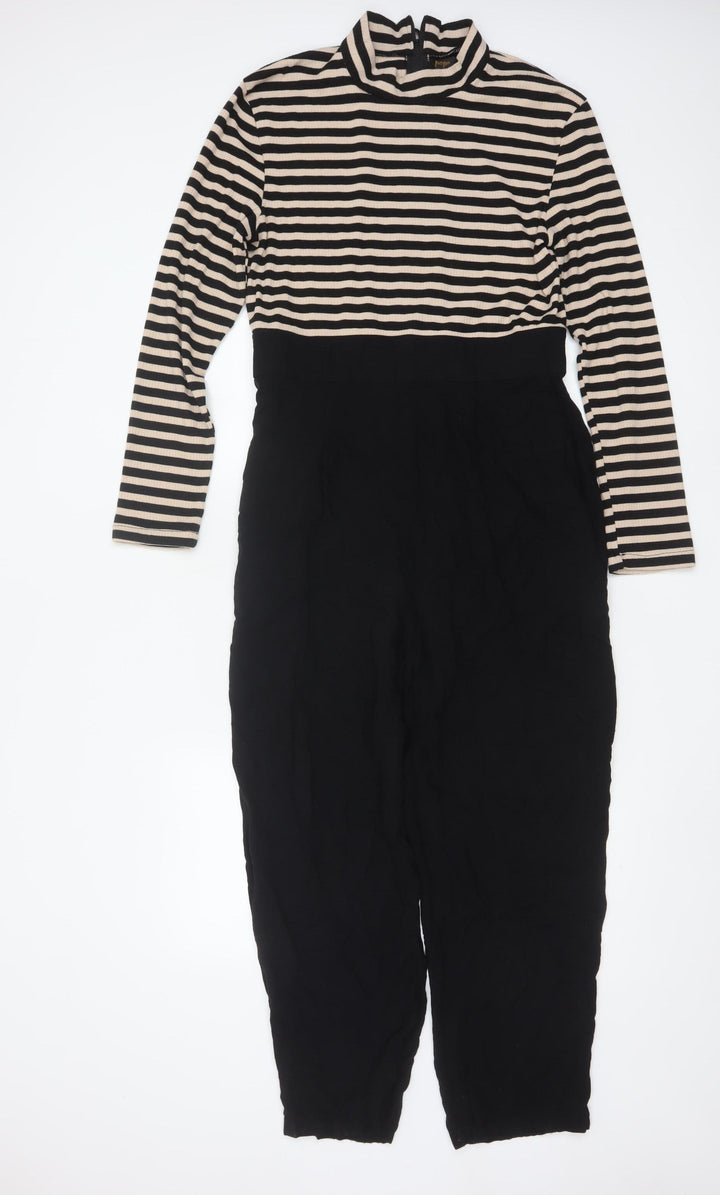 Pop England Women's Black Beige Striped Long Sleeve Jumpsuit Size 4