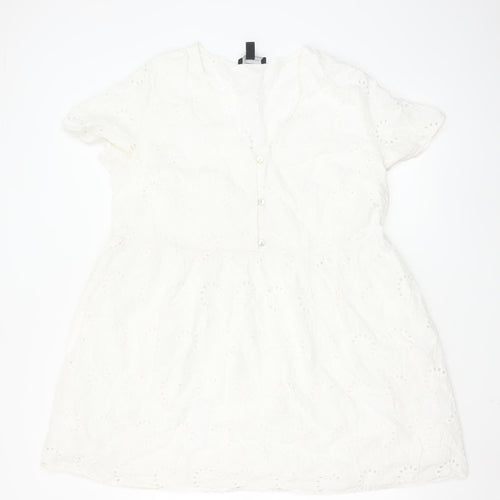 New Look Women's White Cotton A-Line Short Sleeve Belted Dress Size 18