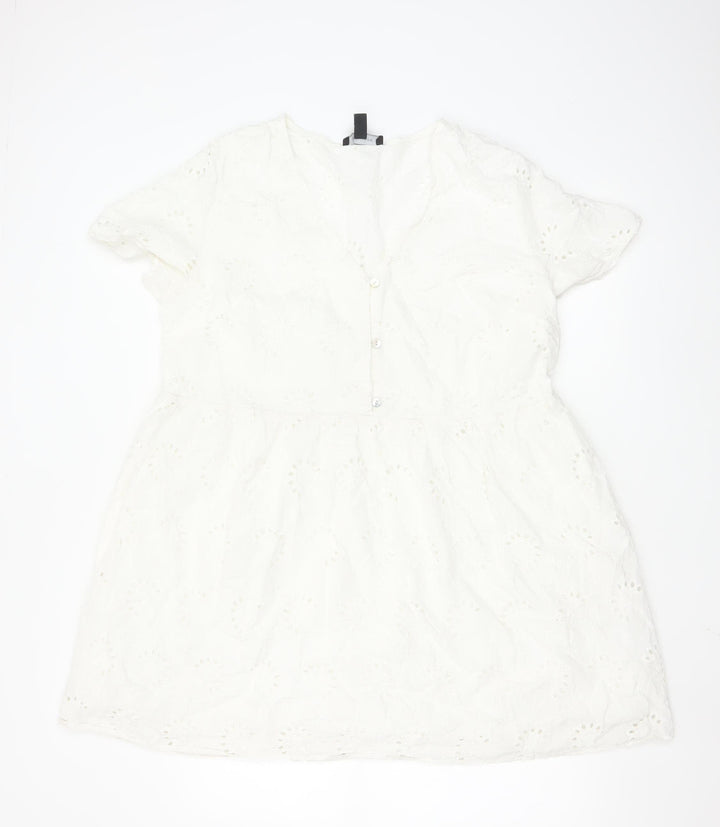 New Look Women's White Cotton A-Line Short Sleeve Belted Dress Size 18