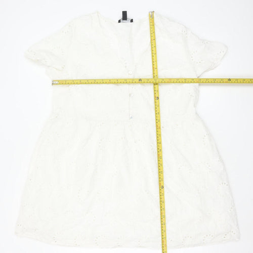 New Look Women's White Cotton A-Line Short Sleeve Belted Dress Size 18