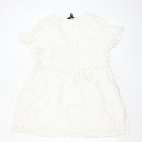 New Look Women's White Cotton A-Line Short Sleeve Belted Dress Size 18