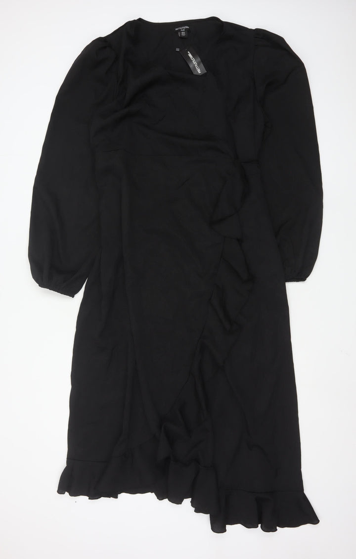 PrettyLittleThing Women’s Black Plus Size 18 Wrap Ruffle Long Sleeve Dress