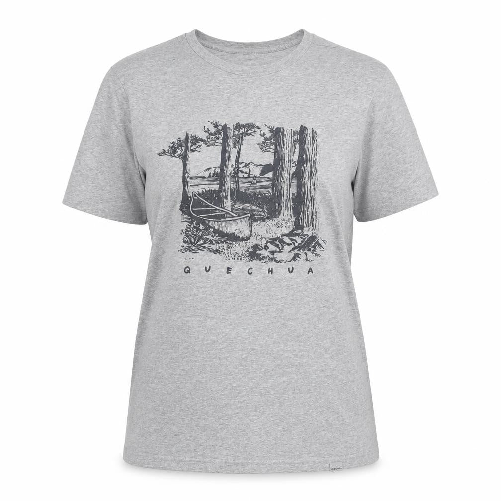Front view of Quechua Women's Grey Graphic Outdoor T-Shirt, size S