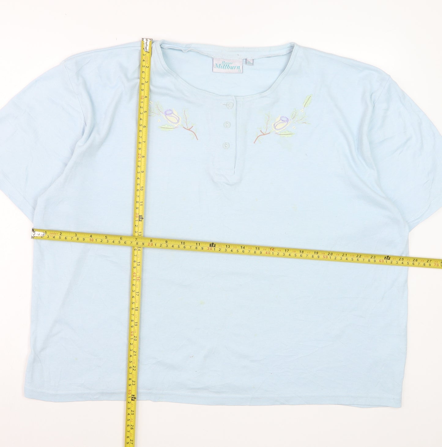 Honor Millburn Women Blue XL Henley Embroidered Cotton T-Shirt