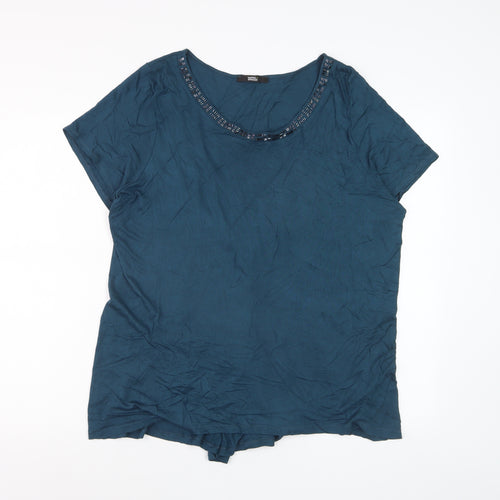Marks and Spencer Women’s Blue Beaded Scoop Neck Viscose T-Shirt UK 20