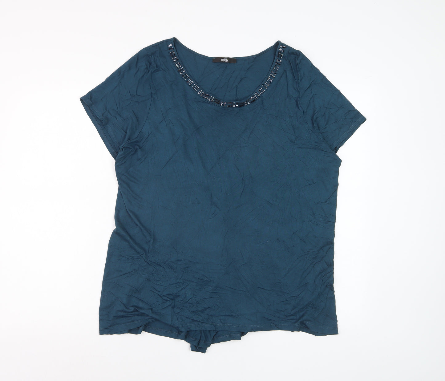 Marks and Spencer Women’s Blue Beaded Scoop Neck Viscose T-Shirt UK 20