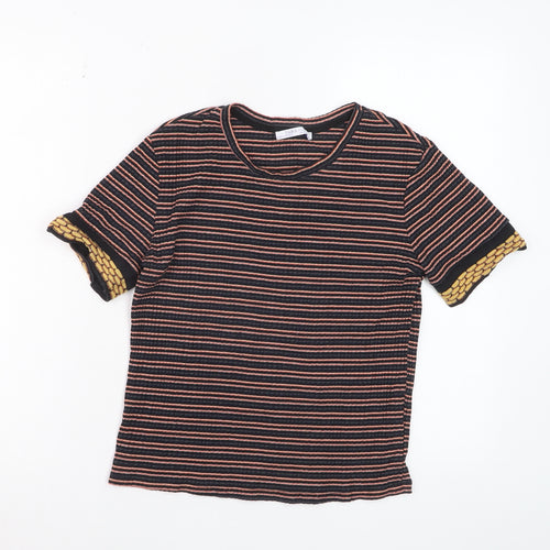 Zara Women Multicoloured Striped Short Sleeve Cotton T-Shirt Size S