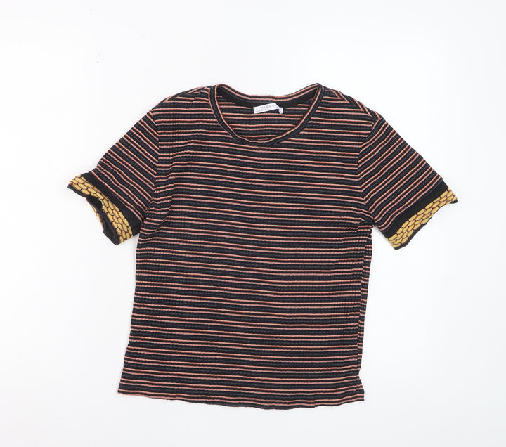 Zara Women Multicoloured Striped Short Sleeve Cotton T-Shirt Size S