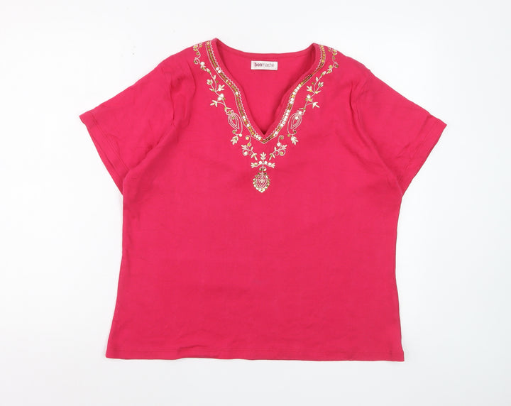 Bonmarché Women’s Pink Embroidered Cotton Tunic Blouse Size L
