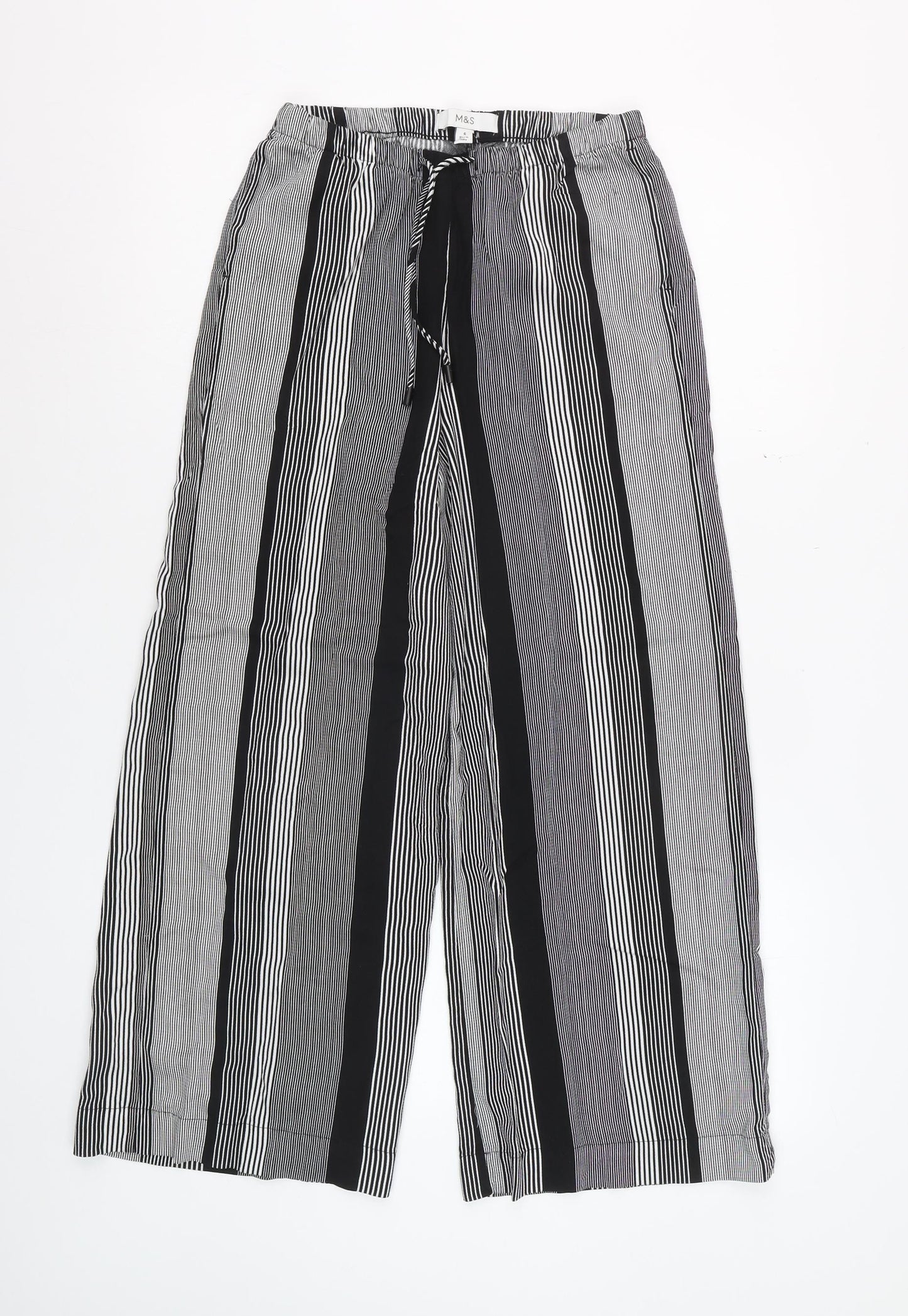 Marks and Spencer Women’s Black Striped Wide-Leg Viscose Trousers Size 6