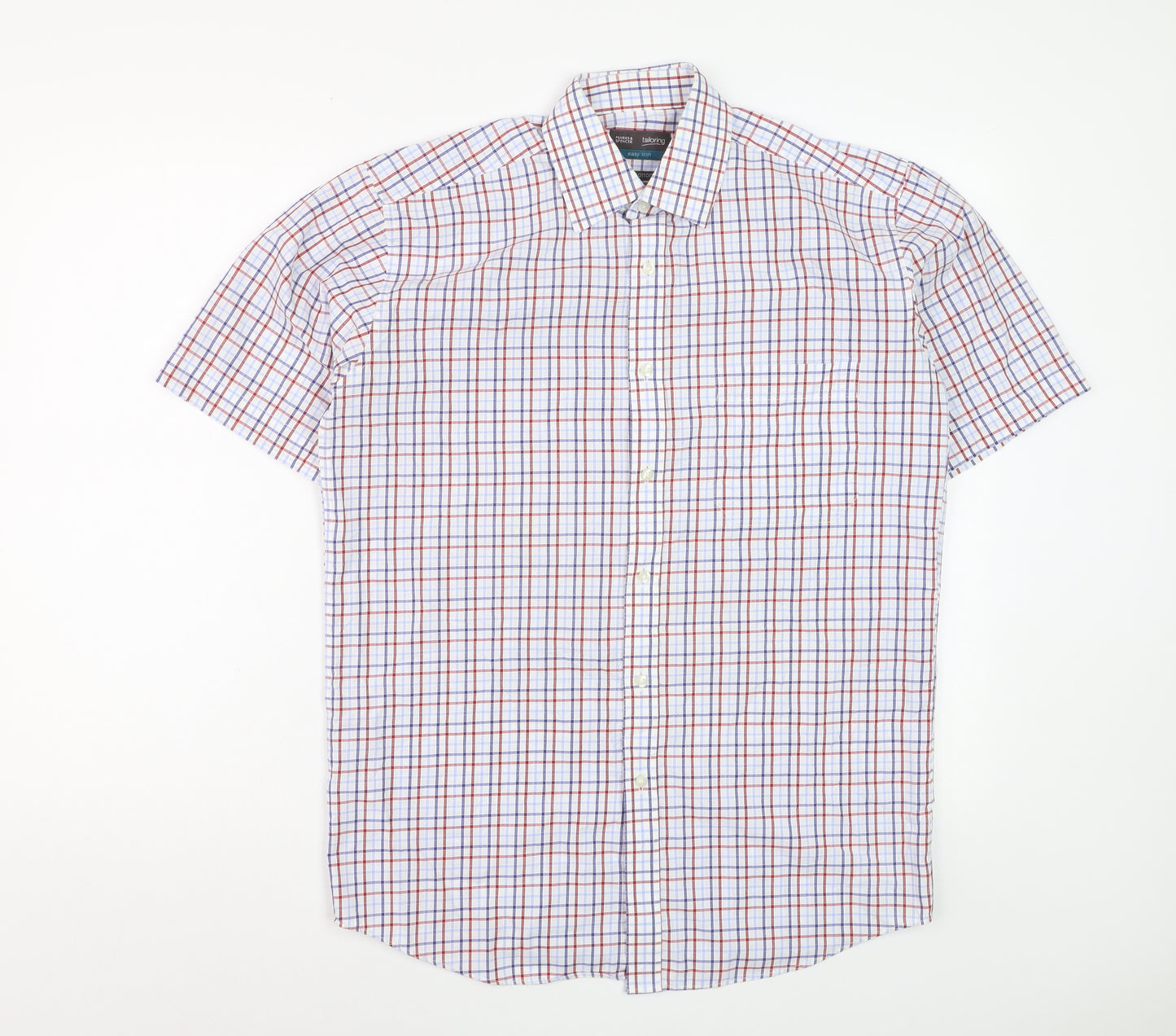 Marks and Spencer Mens Multicoloured Check Cotton Short Sleeve Shirt Size 15