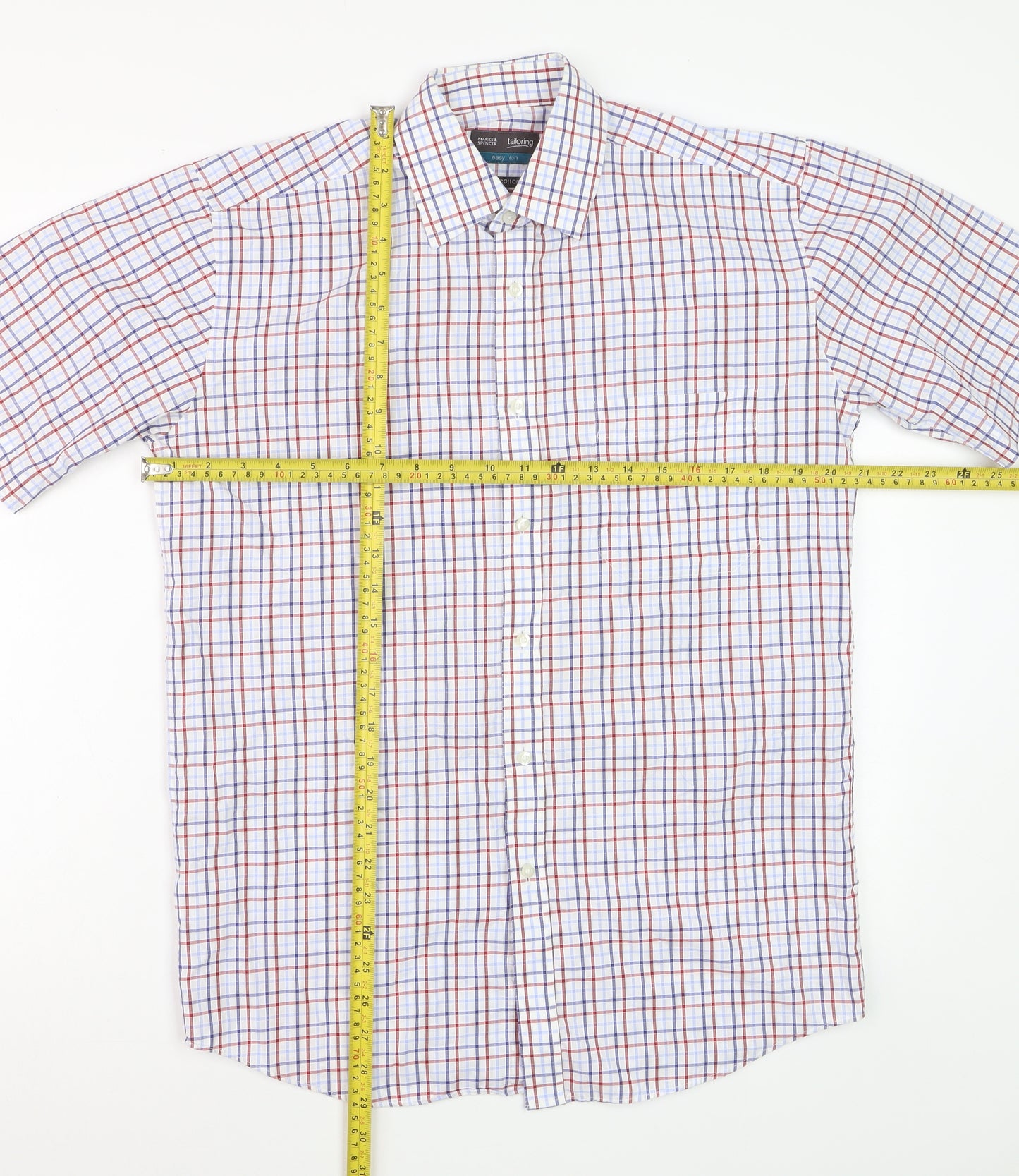 Marks and Spencer Mens Multicoloured Check Cotton Short Sleeve Shirt Size 15