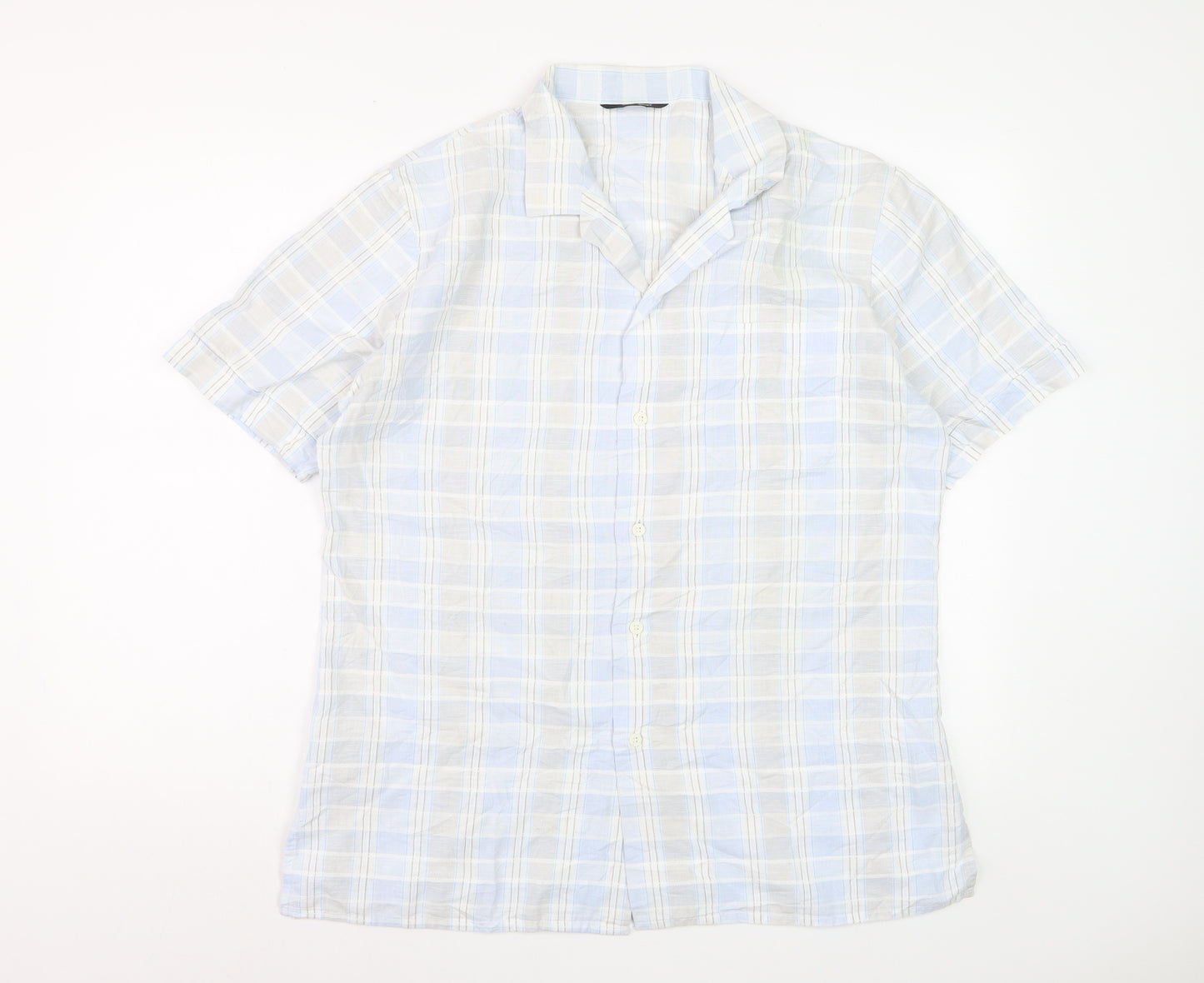 Marks and Spencer St Michael Men's Blue Check Cotton Short Sleeve Shirt M