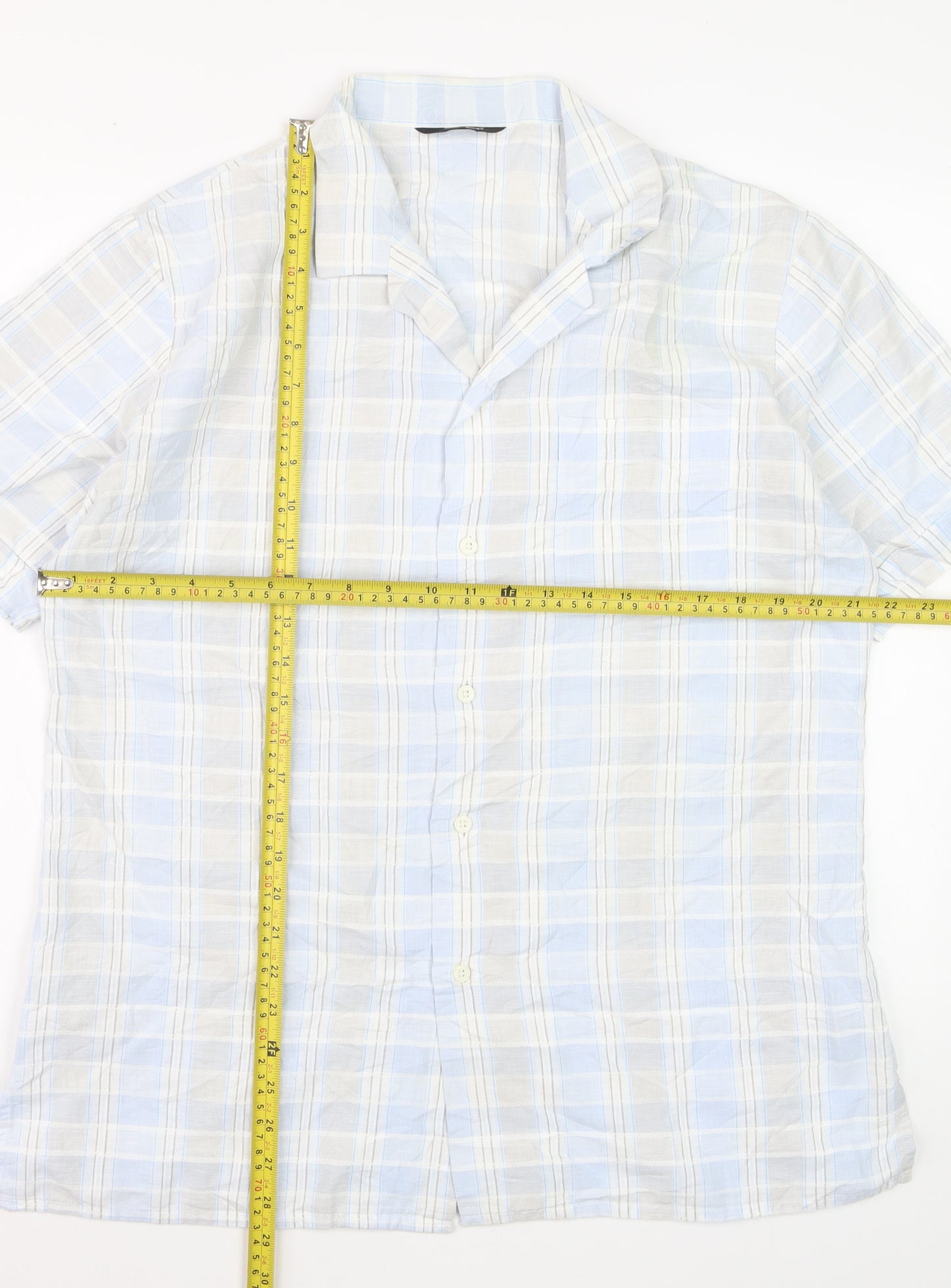 Marks and Spencer St Michael Men's Blue Check Cotton Short Sleeve Shirt M