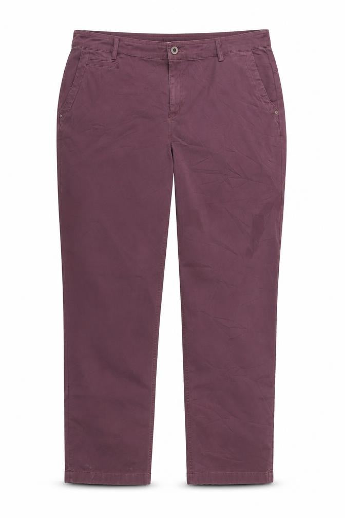 Front view of Orvis women’s plum cotton blend chino trousers, size UK 20