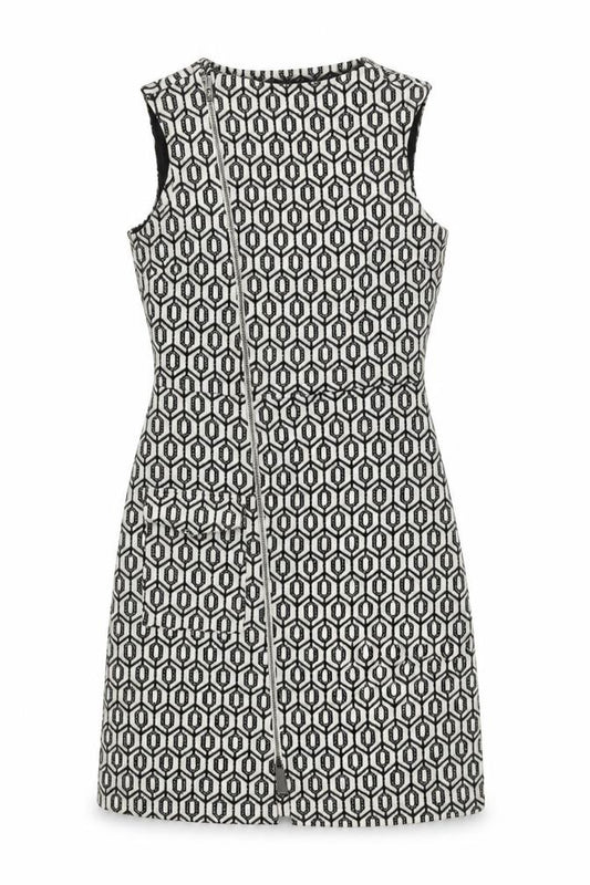 Front view of Next Women Black Geometric Shift Knee Length Dress, size 8