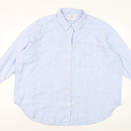 Marks and Spencer Women Blue Striped Linen Button-Up Shirt Size 20