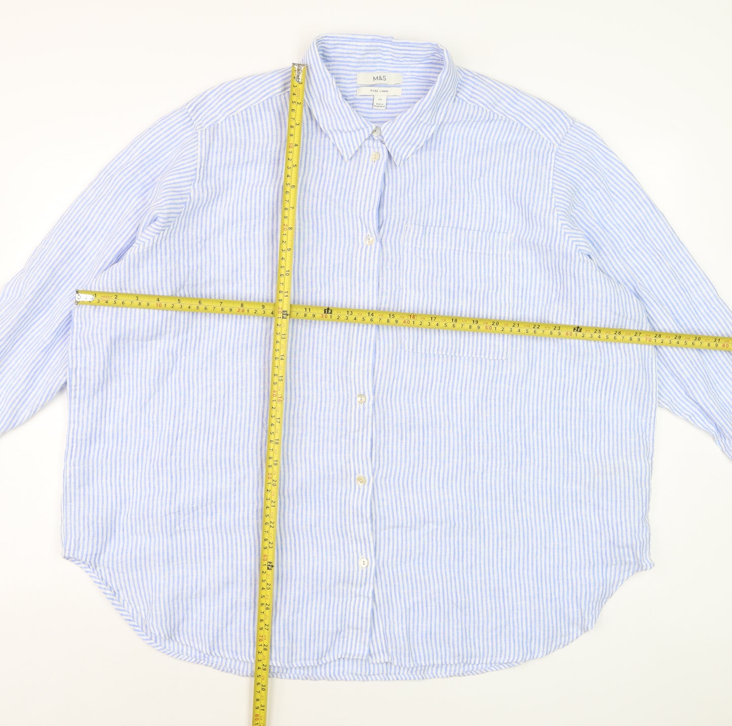 Marks and Spencer Women Blue Striped Linen Button-Up Shirt Size 20