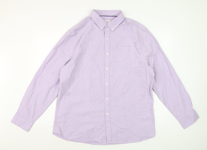 Marks and Spencer Men's Purple Cotton Long Sleeve Button-Down Shirt XL