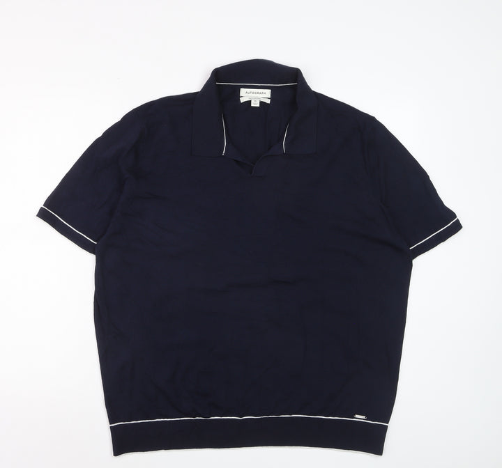 Marks and Spencer Men’s Blue Silk Cotton Collared 2XL Short Sleeve Jumper