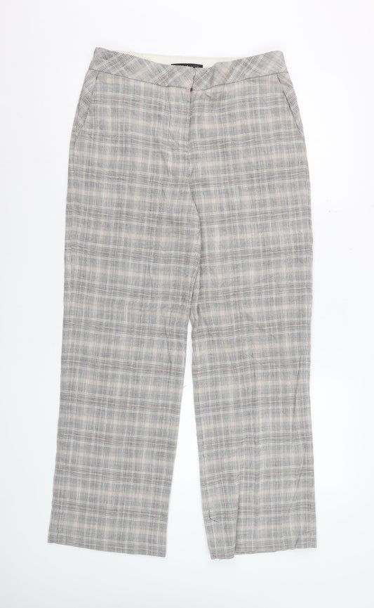 Next Women Grey Checked Wide-Leg Trousers Size 10R