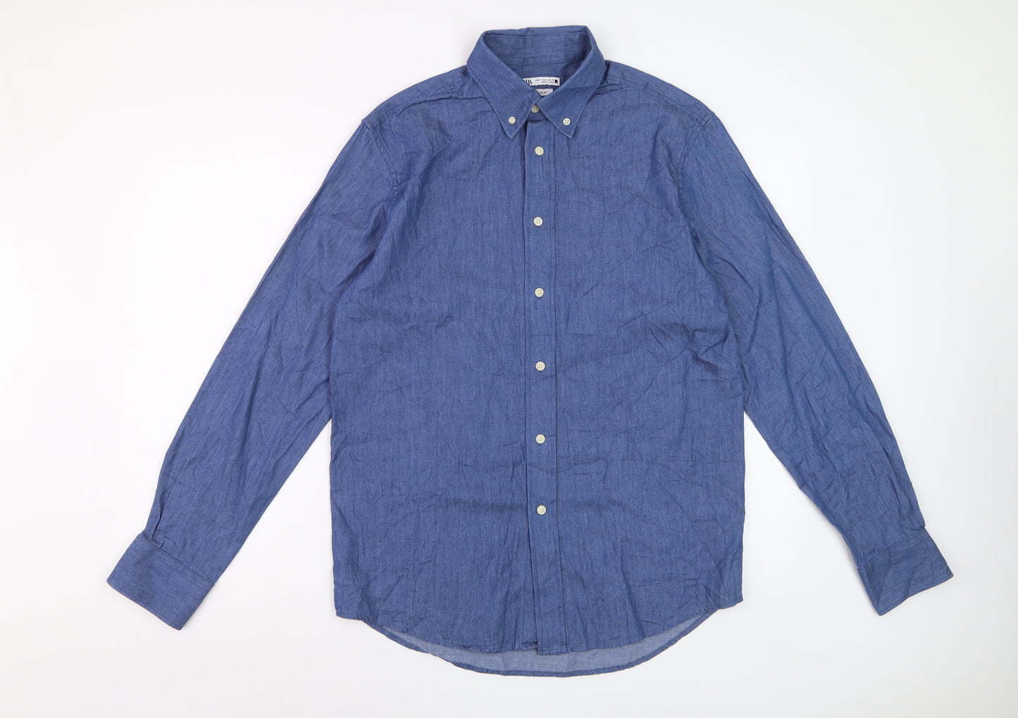 Zara Men's Blue Regular Fit Cotton Button-Down Long Sleeve Shirt M