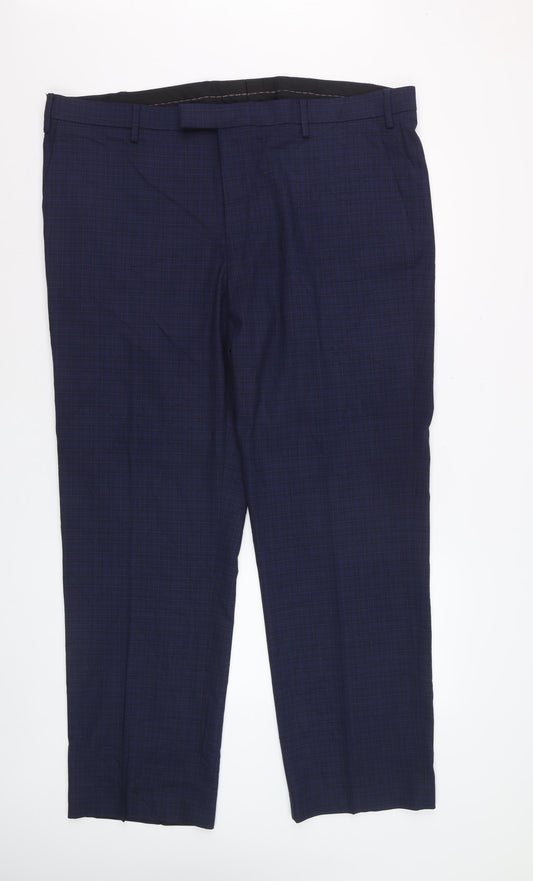 Marks and Spencer Men's Blue Check Regular Fit Dress Trousers 42W 31L