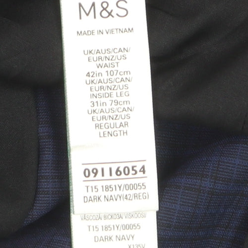 Marks and Spencer Men's Blue Check Regular Fit Dress Trousers 42W 31L