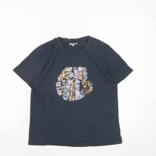 Oliver Bonas Womens Black Sequin Short Sleeve Cotton T-Shirt Size 8