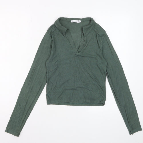 Stradivarius Women Green Cropped Collared Long Sleeve Top Size 12