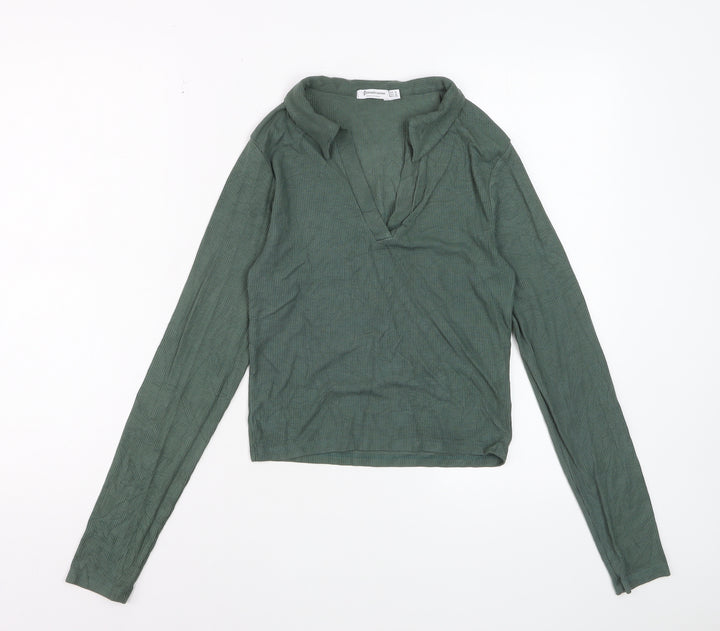 Stradivarius Women Green Cropped Collared Long Sleeve Top Size 12