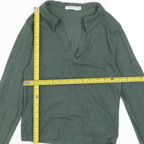 Stradivarius Women Green Cropped Collared Long Sleeve Top Size 12