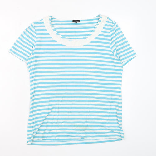 Jaeger Women Blue Striped Short Sleeve Scoop Neck T-Shirt L