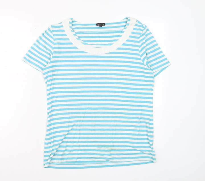 Jaeger Women Blue Striped Short Sleeve Scoop Neck T-Shirt L