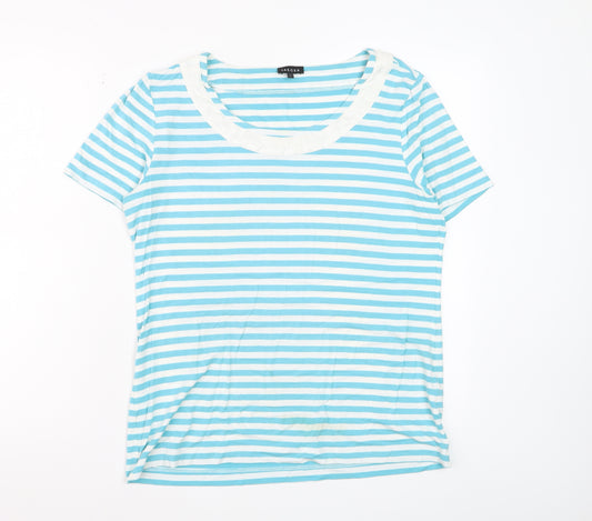 Jaeger Women Blue Striped Short Sleeve Scoop Neck T-Shirt L