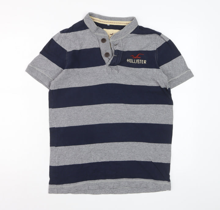 Hollister Men Grey Blue Striped Henley T-Shirt Size M