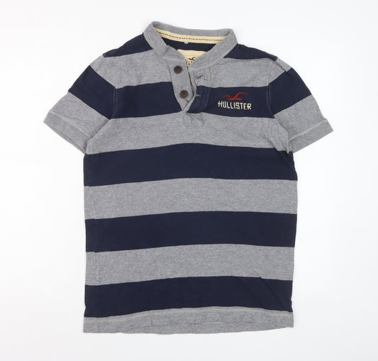 Hollister Men Grey Blue Striped Henley T-Shirt Size M