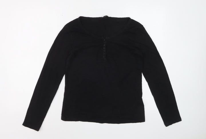 Massimo Dutti Women's Black Long Sleeve Henley Cotton Top Size L