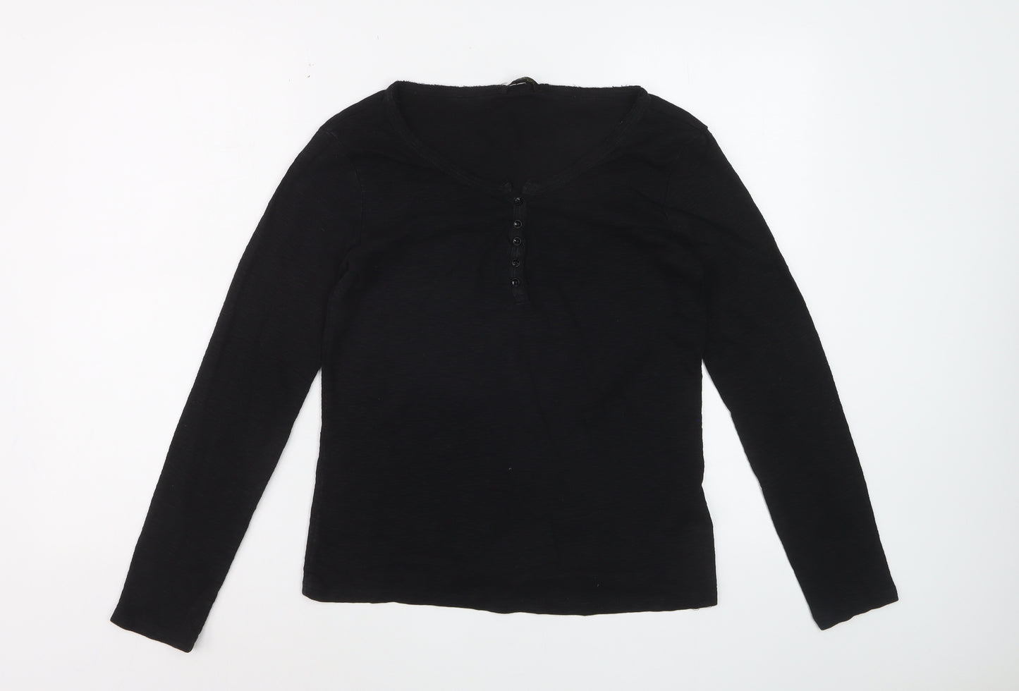 Massimo Dutti Women's Black Long Sleeve Henley Cotton Top Size L