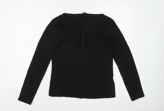 Massimo Dutti Women's Black Long Sleeve Henley Cotton Top Size L