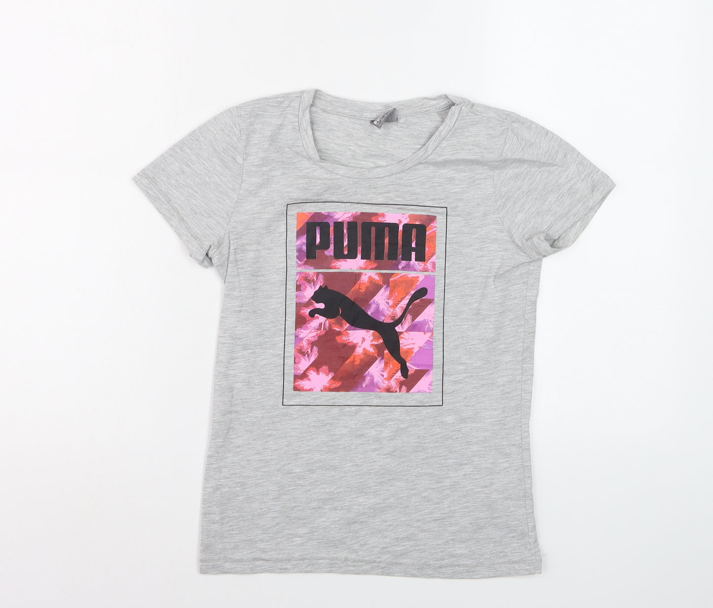 Puma Girls Grey Graphic Logo T-Shirt Size 11-12 Years Cotton Blend