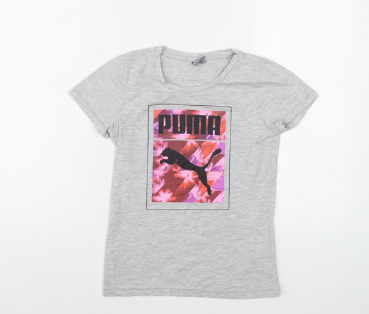 Puma Girls Grey Graphic Logo T-Shirt Size 11-12 Years Cotton Blend