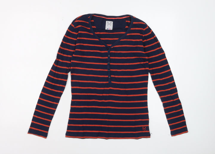 Crew Clothing Co. Women Blue Striped V-Neck Long Sleeve T-Shirt Size 12