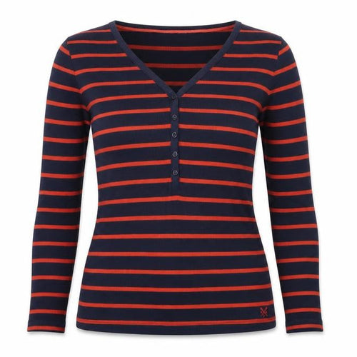 Crew Clothing Co. Women Blue Striped V-Neck Long Sleeve T-Shirt Size 12