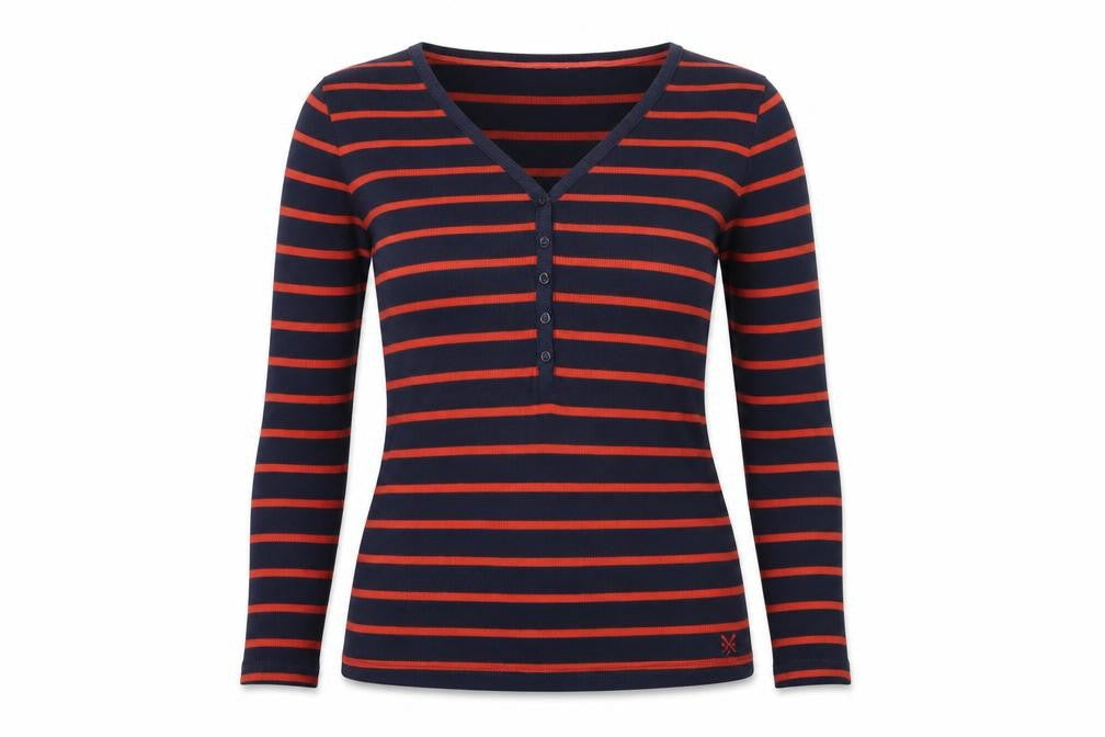 Crew Clothing Co. Women Blue Striped V-Neck Long Sleeve T-Shirt Size 12