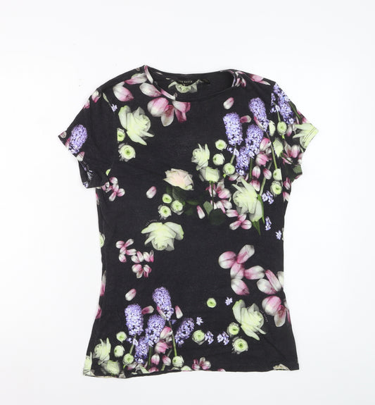 Ted Baker Women Black Floral Short Sleeve Viscose T-Shirt Size 10
